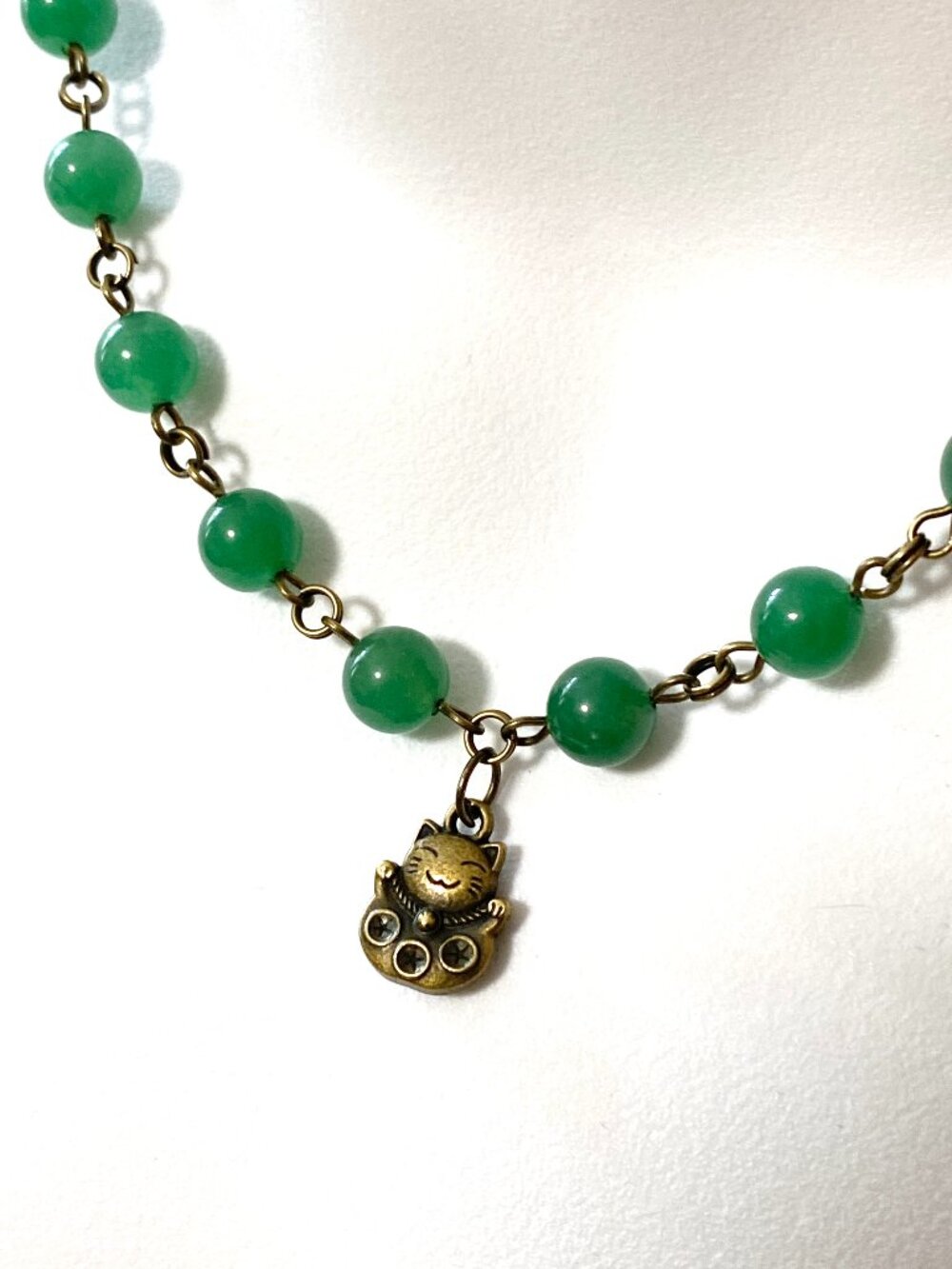 Natural Green Chalcedony Short Necklace, Gemstone & Bronze Fortune Cat